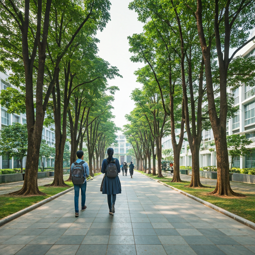 A bright, modern university campus scene at Independent University, Bangladesh (IUB) during daylight. Students are walking on clean pathways surrounded by green trees and modern architecture. The lighting is crisp and optimistic, conveying an atmosphere of education, innovation, and youthful energy in a clean eco-friendly style. - Punoshristi Bangladesh Plastic Recycling