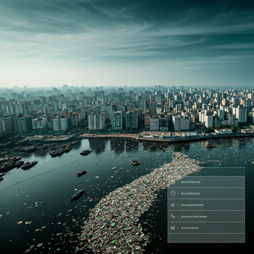 An aerial drone view of Dhaka city showing dense urban infrastructure alongside heavily polluted waterways clogged with plastic waste. A heavy, dark grey-green overlay at 60% opacity mutes the background to allow white text and frosted glass UI elements to stand out clearly. The aesthetic highlights the urgent environmental crisis. - Punoshristi Bangladesh Plastic Recycling