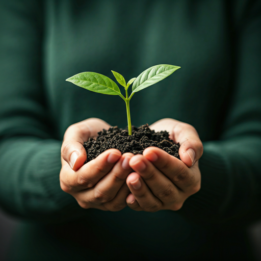 A close-up, macro photography shot of a tiny, vibrant green sapling sprouting from rich, dark soil held gently in a person's hands. The lighting is warm and glowing, symbolizing hope, growth, and environmental restoration. A subtle, dark green vignette frames the image to focus on the plant. - Punoshristi Bangladesh Plastic Recycling