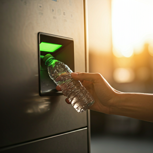 Close up of a person's hand inserting a clear plastic water bottle into the glowing green slot of a modern recycling vending machine. Soft, warm sunlight filters from the background, creating a hopeful, bright aesthetic. The machine is sleek metallic. - Punoshristi Bangladesh Plastic Recycling
