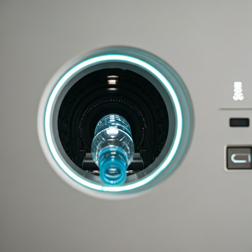Close-up of a plastic bottle entering the circular opening of a clean, white reverse vending machine. Internal LED lights scan the bottle. The machine looks futuristic and hygienic. The background is slightly blurred. - Punoshristi Bangladesh Plastic Recycling