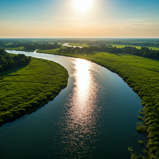 Vast aerial shot of clean Bangladesh river. - Punoshristi Bangladesh Plastic Recycling
