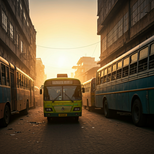 A bustling Dhaka bus terminal with commuters in motion during the golden hour. The scene captures the organized chaos and movement of the city's heartbeat. Warm sunset light filters through the dust and activity, highlighting the daily journey of millions of people who are the primary users of the recycling solution. - Punoshristi Bangladesh Plastic Recycling