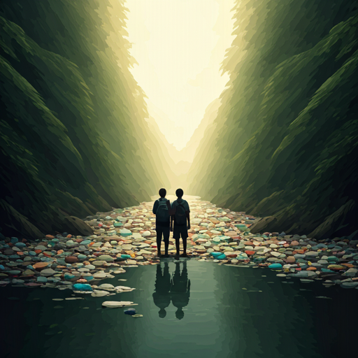 A cinematic, wide-angle shot of young students looking thoughtfully over a heavily polluted river filled with plastic waste in a developing nation. The scene is shot during golden hour with a moody, introspective atmosphere. A dark, translucent forest-green overlay covers the image, creating a somber yet hopeful tone suitable for a modern eco-tech startup's background. - Punoshristi Bangladesh Plastic Recycling